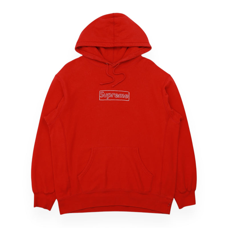 Supreme S/S 21 KAWS Chalk Logo Hoodie in Red, front