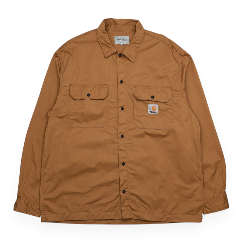 Palace x Carhartt WIP A/W 23 Longsleeve Master Overshirt in Brown, front