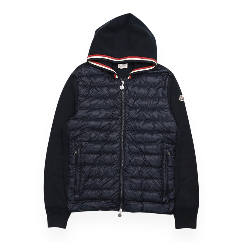Moncler Padded Tricot Maglia Hooded Cardigan Jacket in Navy, front