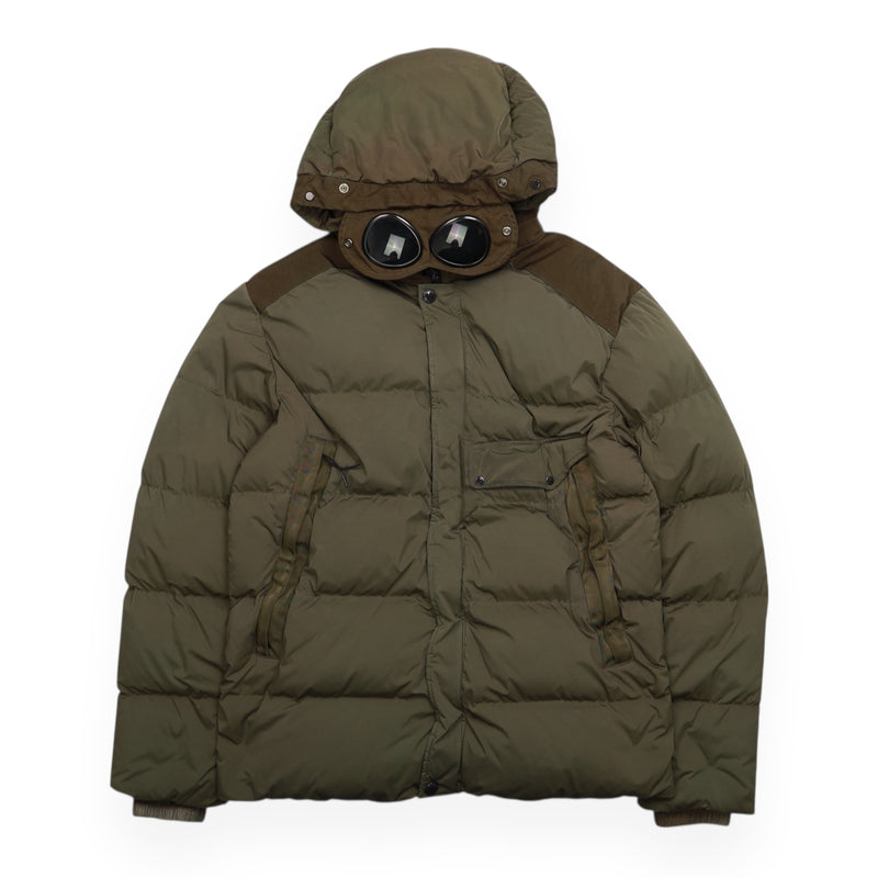 C.P. Company Nycra Hooded Down Puffer Goggle Jacket in Green, front