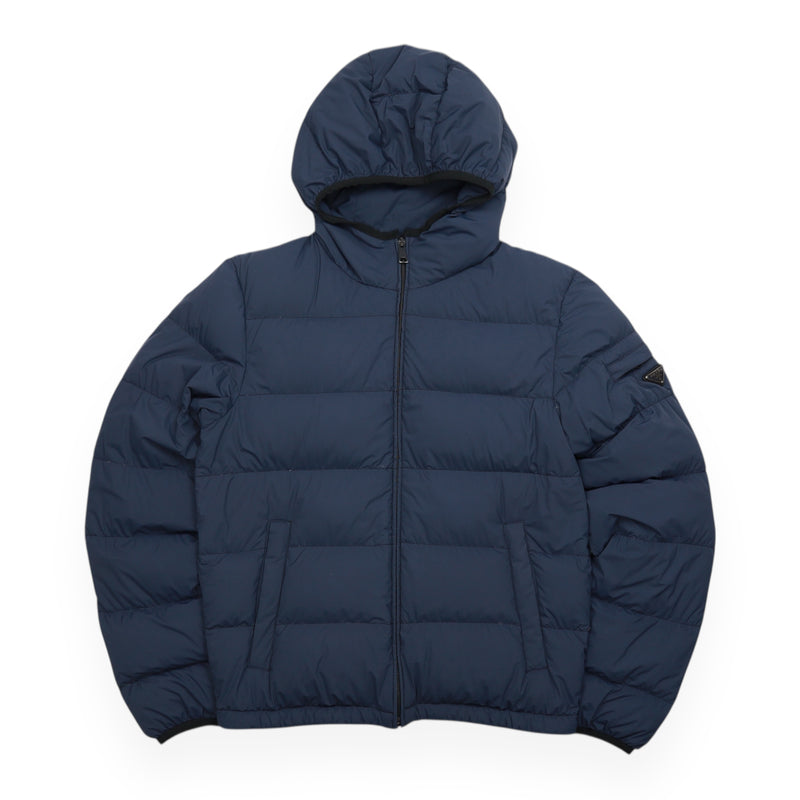 Prada Triangle Logo Down Puffer Jacket in Navy, front