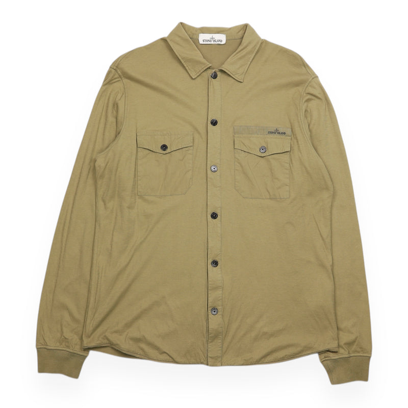 Stone Island S/S 15 Cotton Logo Button Up Overshirt in Khaki Green, front