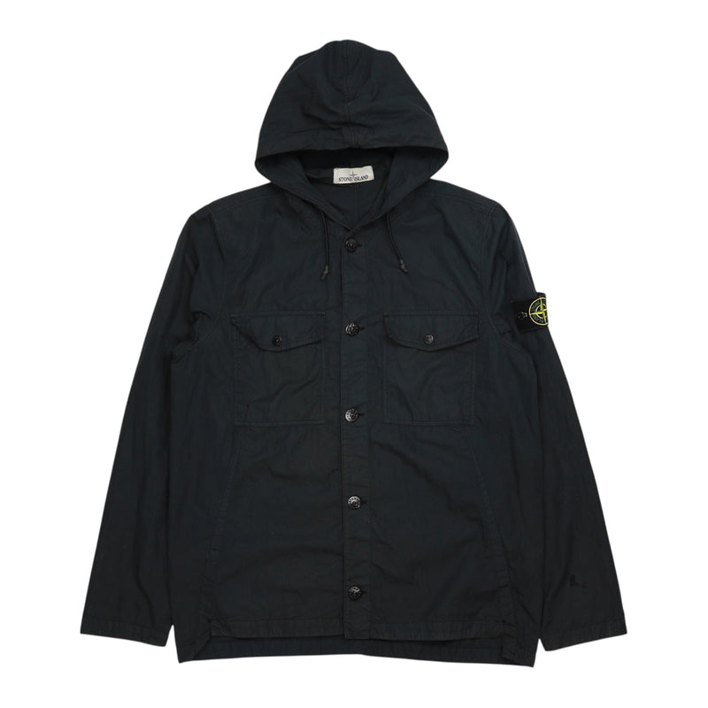 Stone Island S/S 19 Buttoned Hooded Overshirt in Black, front
