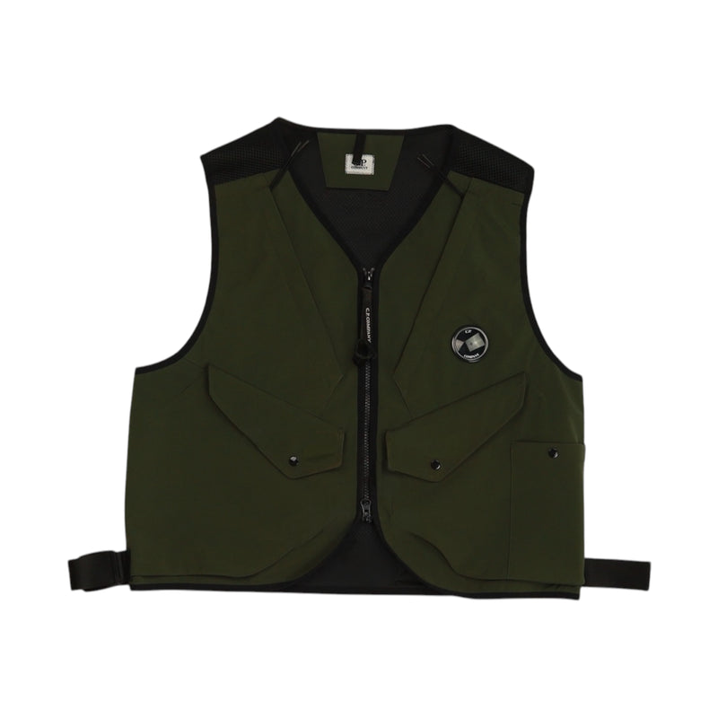 C.P. Company Shell Cargo Lens Gilet in Khaki Green, front
