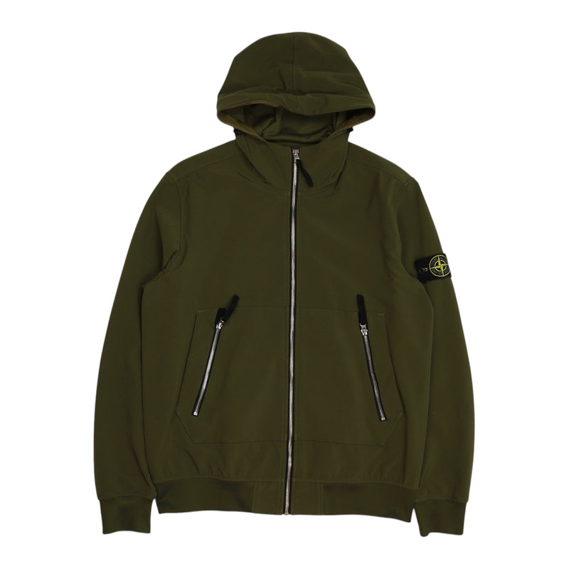 Stone Island S/S 21 Light Soft Shell-R e.dye Hooded Jacket in Khaki Green, front