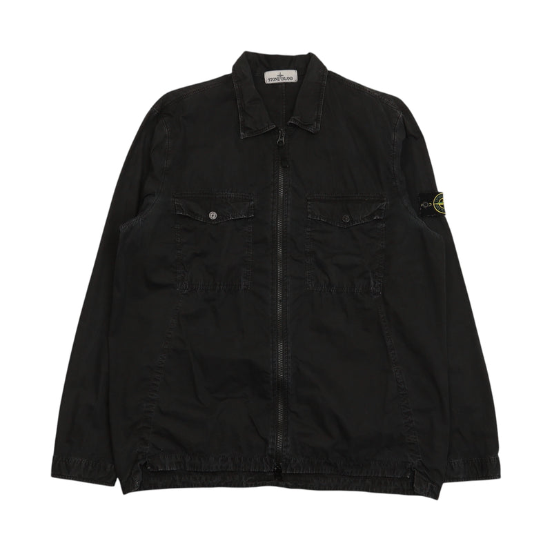 Stone Island Garment Dyed Cotton Overshirt in Black, front