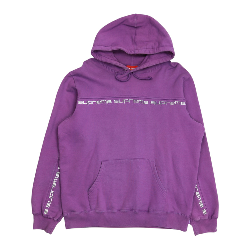 Supreme A/W 18 Text Stripe Hoodie in Purple, front