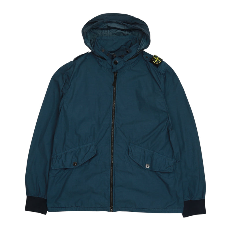 Stone Island S/S 21 Naslan Light Watro Hooded Shoulder Badge Jacket in Blue, front
