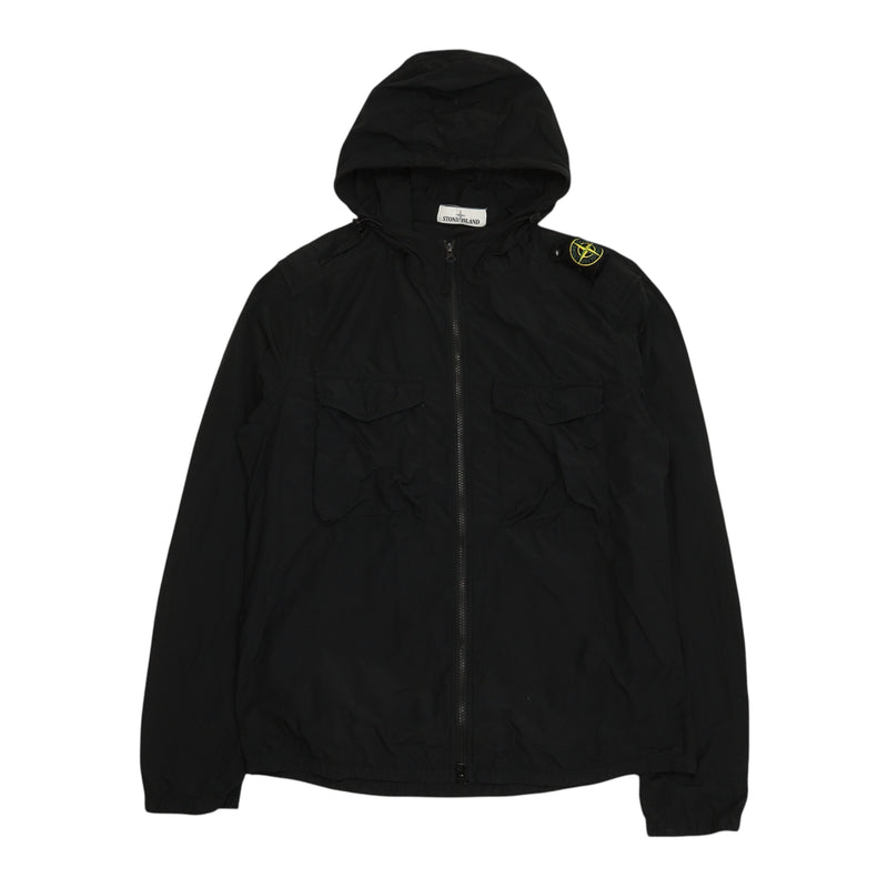 Stone Island S/S 21 Naslan Light Shoulder Badge Hooded Jacket in Black, front