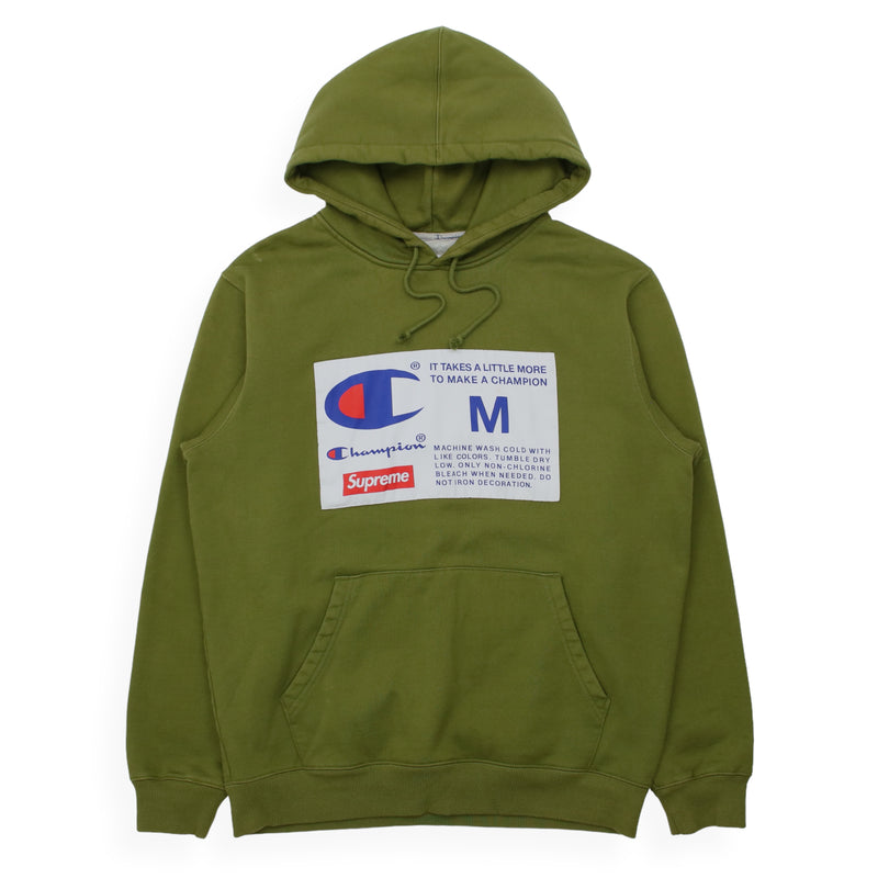 Supreme A/W 18 x Champion Label Hoodie in Olive, front