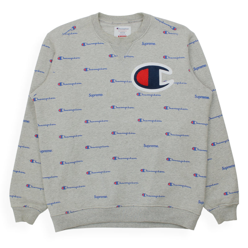 Supreme x Champion A/W 13 Script Crewneck Sweatshirt in Grey, front