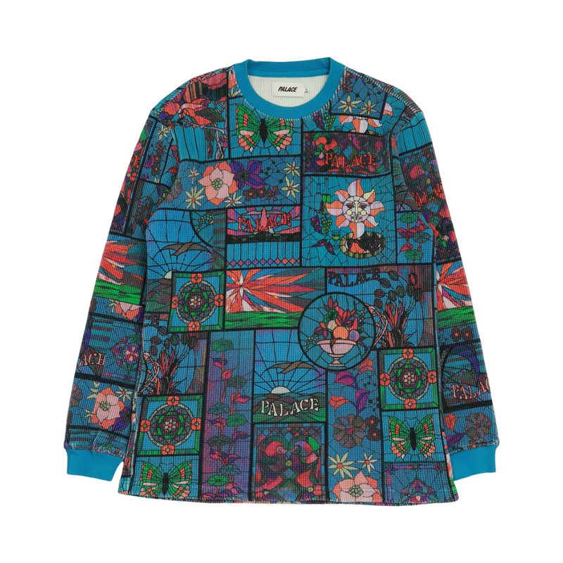 Palace Muchas Glassias Waffle Jumper Sweatshirt in Blue, front