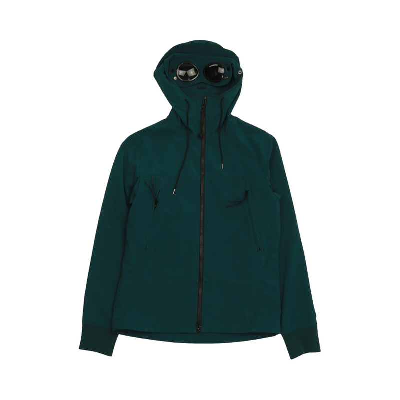 C.P. Company S/S 18 Soft Shell Goggle Hooded Jacket in Teal, front
