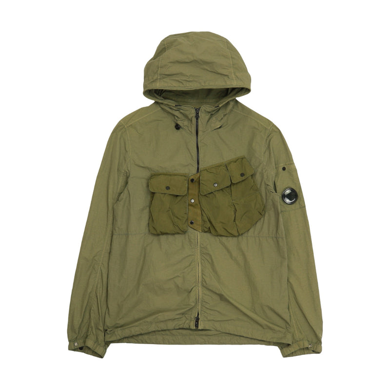 C.P. Company Flatt Nylon Garment Dyed Lens Overshirt in Khaki, front