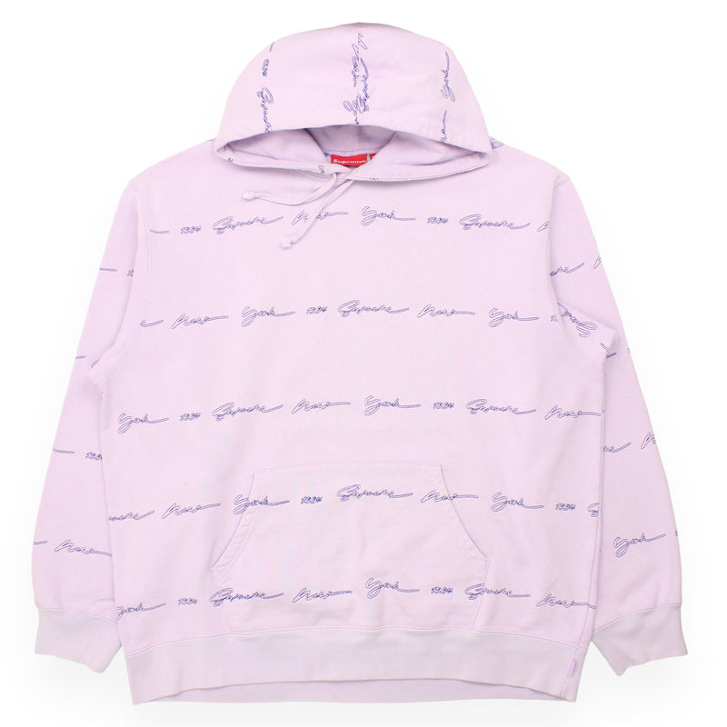 Supreme Embroidered Script Stripe Hoodie in Purple, front
