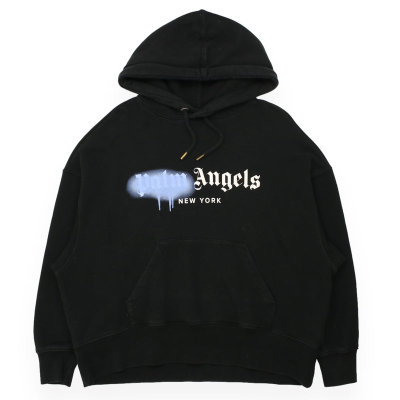 Palm Angels Cropped Sprayed New York Hoodie in Black, front