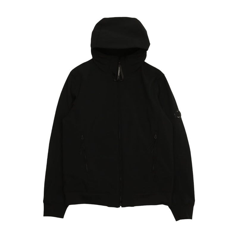 C.P. Company Soft Shell Hooded Lens Jacket in Black, front