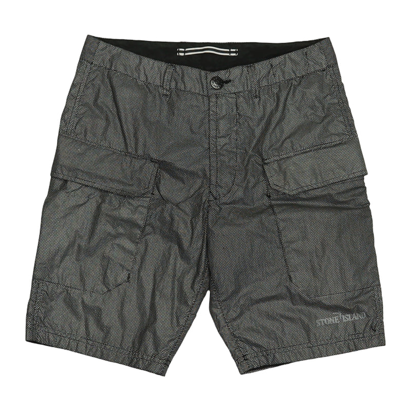 Stone Island S/S 16 Pixel Reflective Logo Nylon Shorts in Grey, front