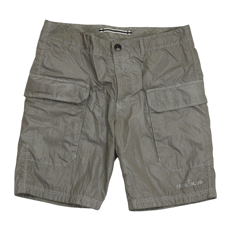 Stone Island S/S 16 Pixel Reflective Logo Nylon Shorts in Grey, front