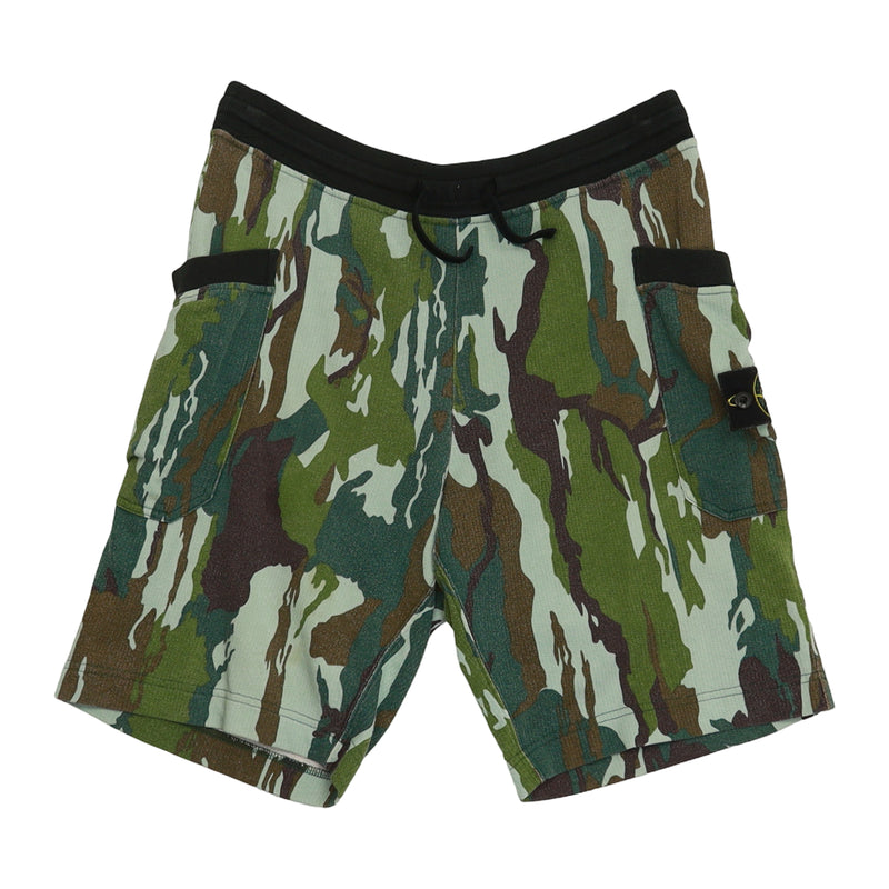 Stone Island S/S 15 Flowing Camo Sweat Shorts in Green, front