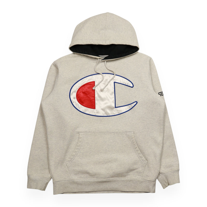 Supreme x Champion Satan Logo Hoodie in Grey, front