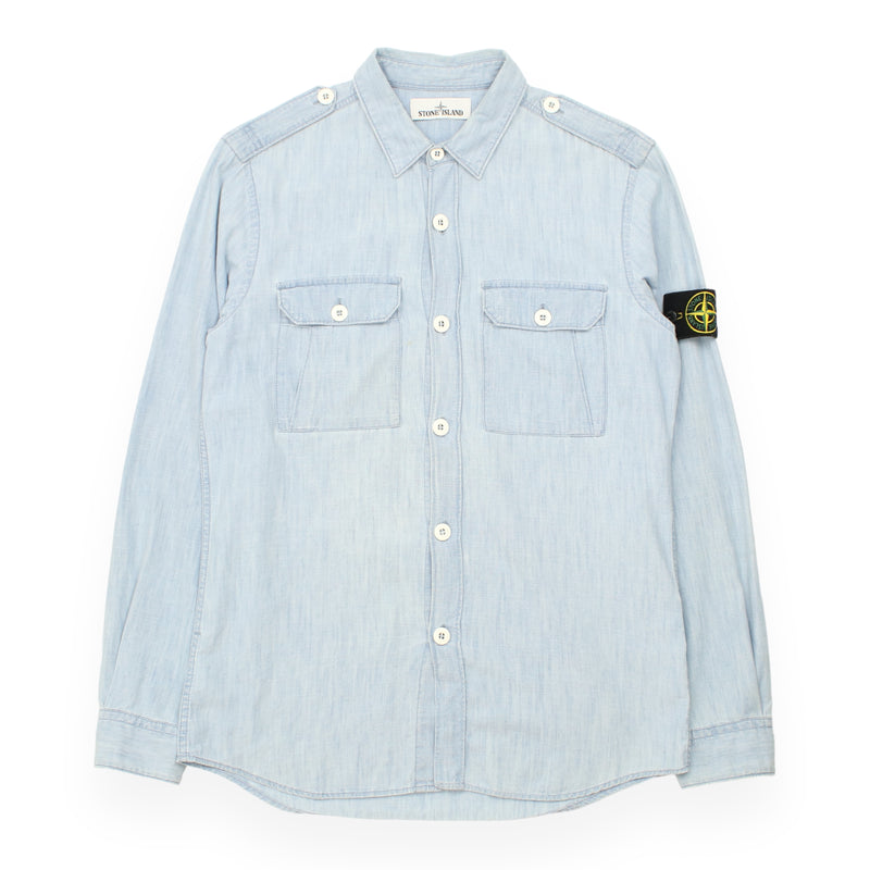 Stone Island Cotton Button Up Overshirt in Blue, front