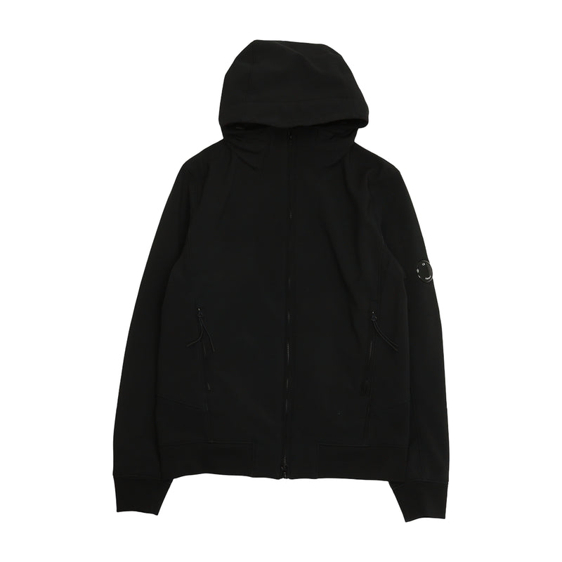 C.P. Company Soft Shell Hooded Lens Jacket in Black, front