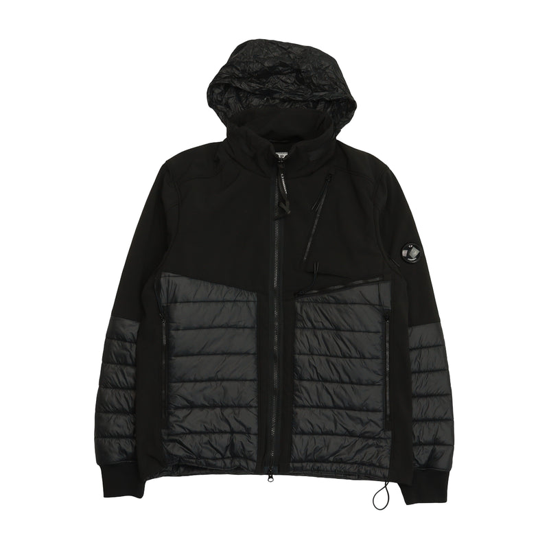 C.P. Company Hybrid Soft Shell Down Puffer Jacket in Black, front