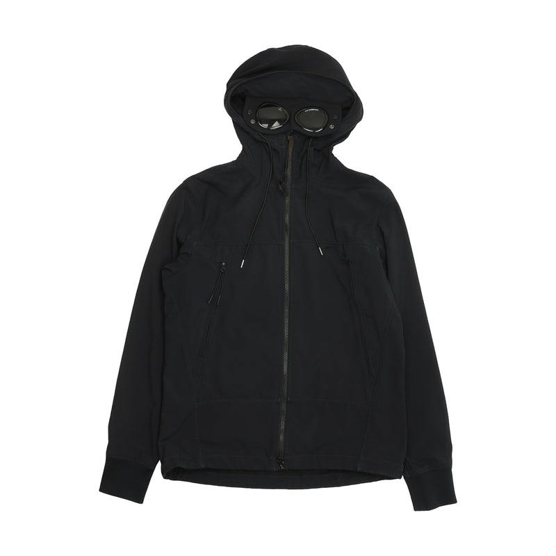 C.P. Company S/S 18 Soft Shell Goggle Hooded Jacket in Black, front