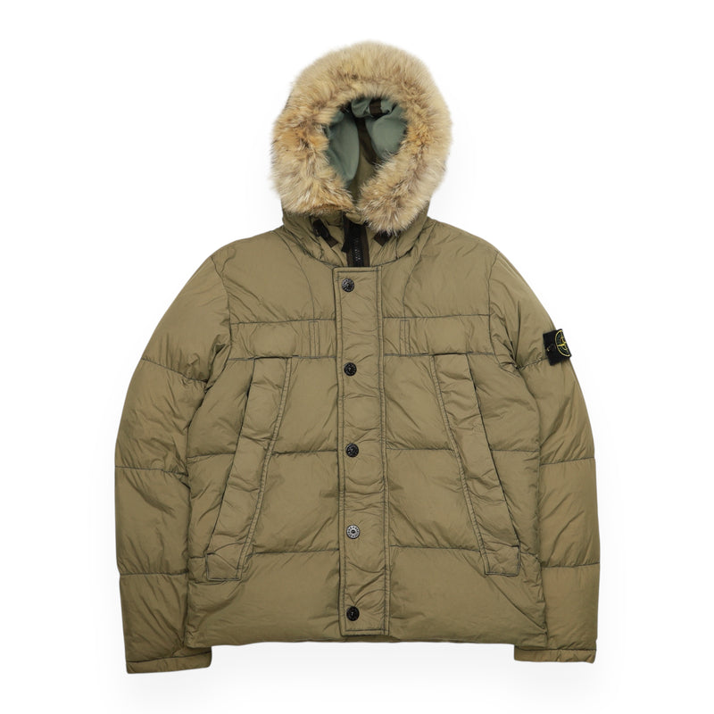 Stone Island A/W 15 Fur Trim Crinkle Reps Puffer Jacket in Khaki Brown, front